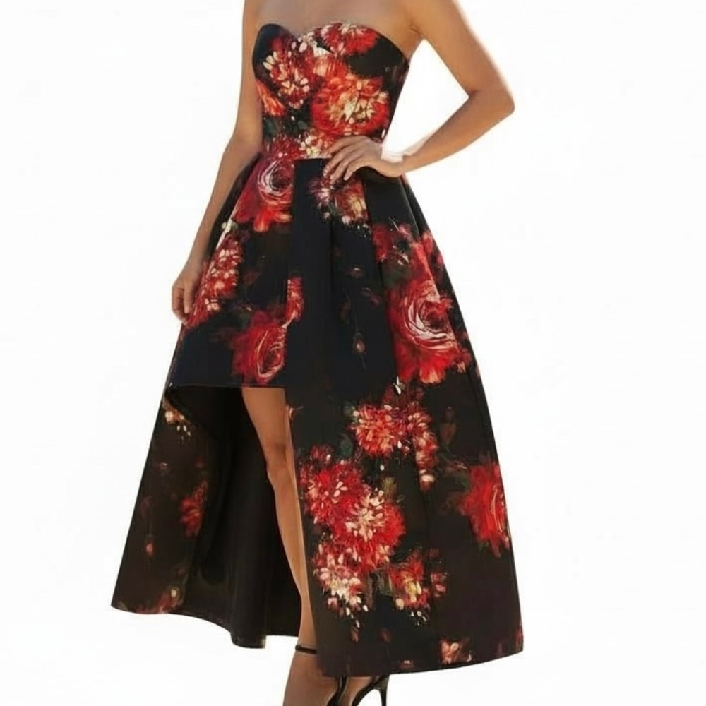 NWT Black Halo EVE Strapless Black & Roses Dress SZ 10 Womans High-Low Wedding